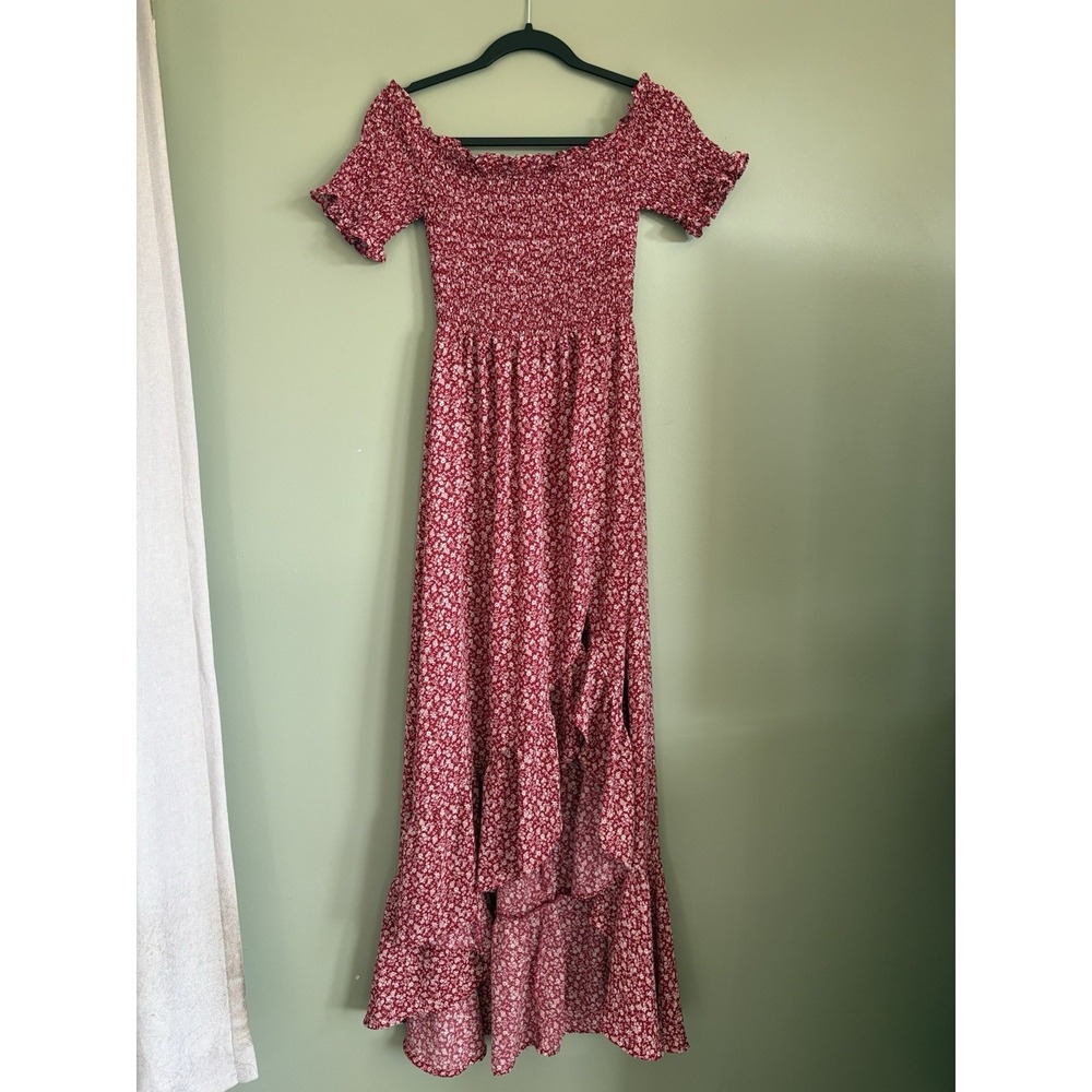 mi ami for francesca's Women's Floral Knit Maxi Dress Smocked Puff M Red